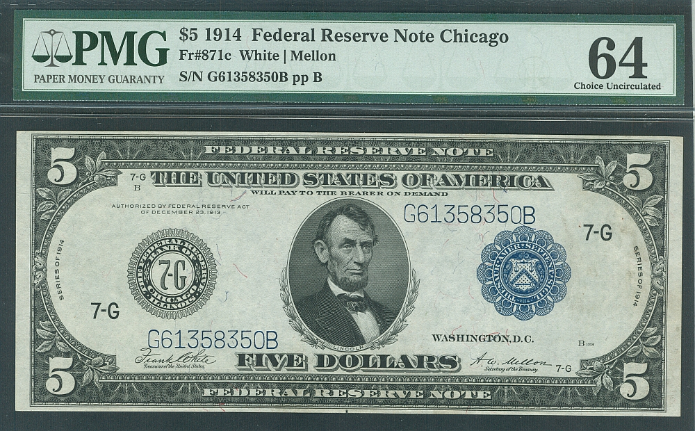 Fr.871c, 1914 $5 Chicago FRN (BS), G61358350B, ChCU, PMG-64